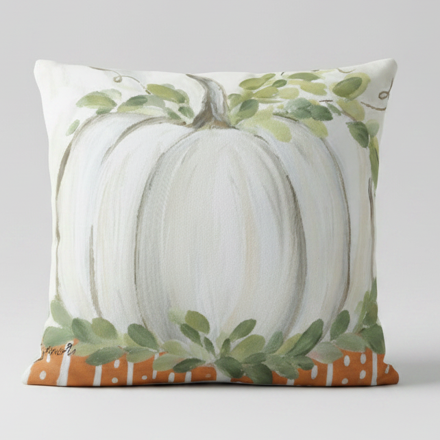 Haley's White Pumpkin with striped Bottom Square Pillow