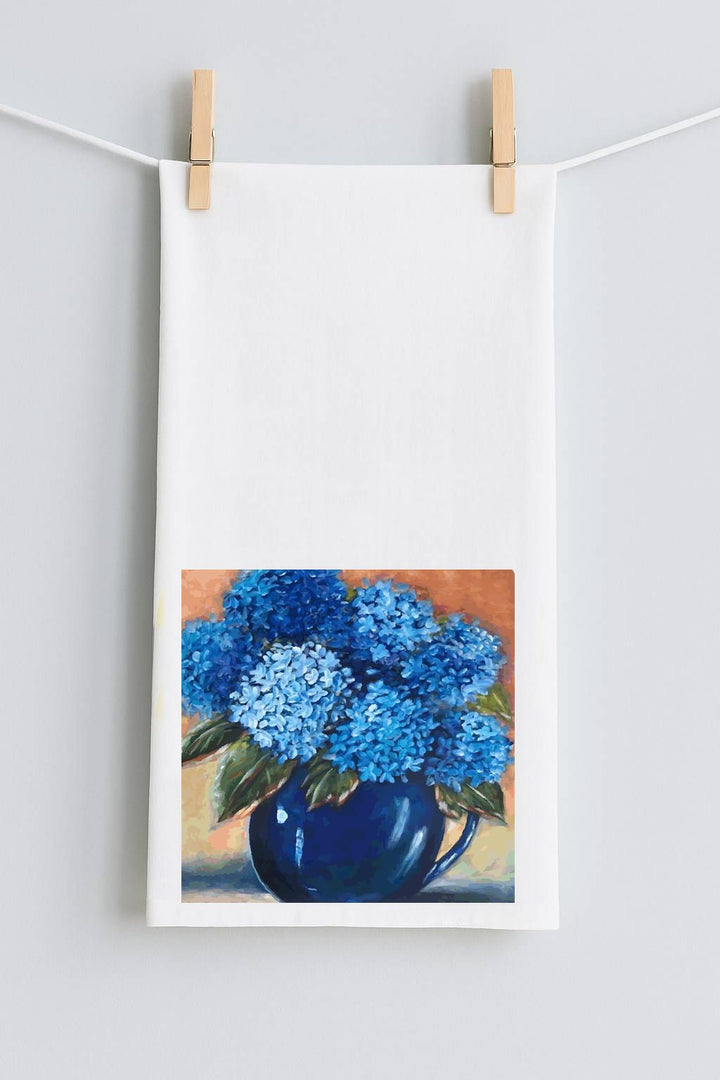 Kristies Solid Blue Pitcher and Hydrangeas Tea Towel