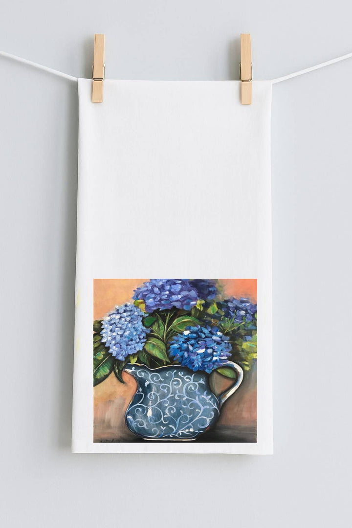 Kristies  Hydrangeas in Blue Printed Pitcher Tea Towel