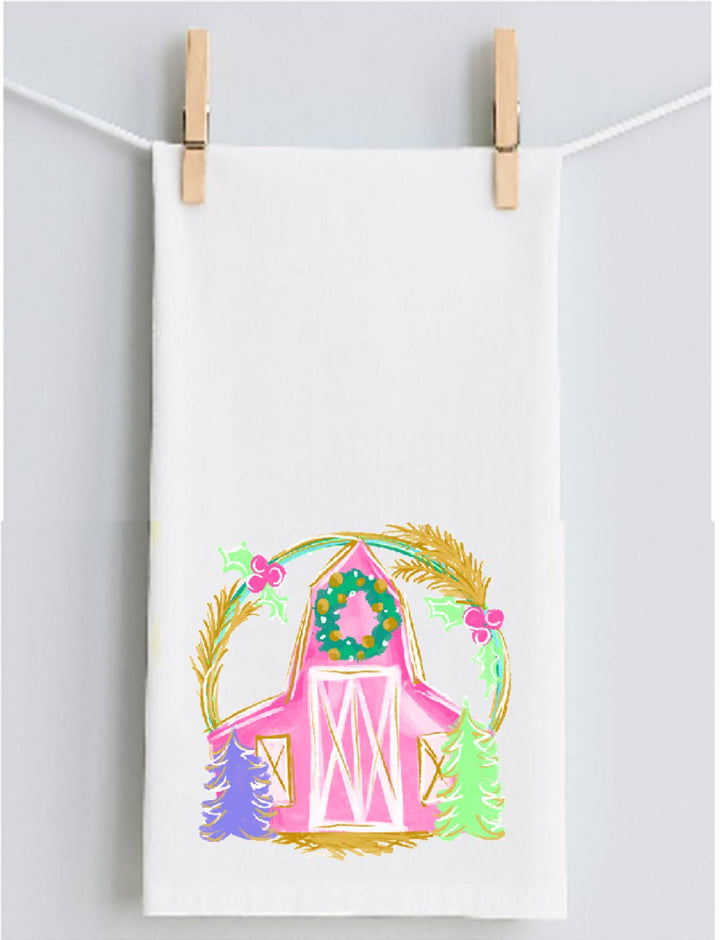 Emmalee Pink Christmas Barn Tea Towel