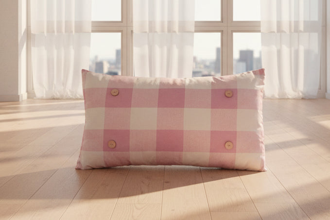 Baby Pink Buffalo Plaid Luckybird Lumbar Button Pillow